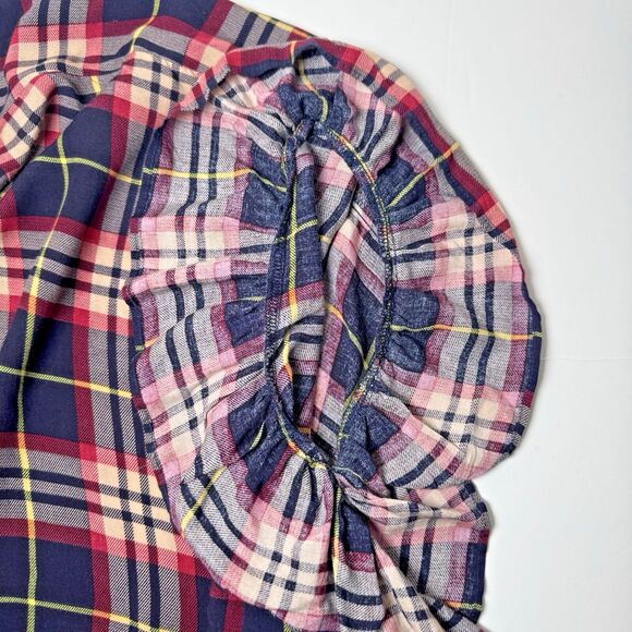 I Joah Womens Medium Oversized Plaid Ruffle Tunic Top Blue Red Poncho Boho Rayon - Picture 6 of 11